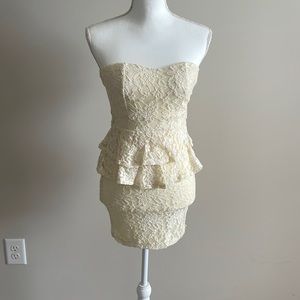 Cream, lace, floral print, strapless dress